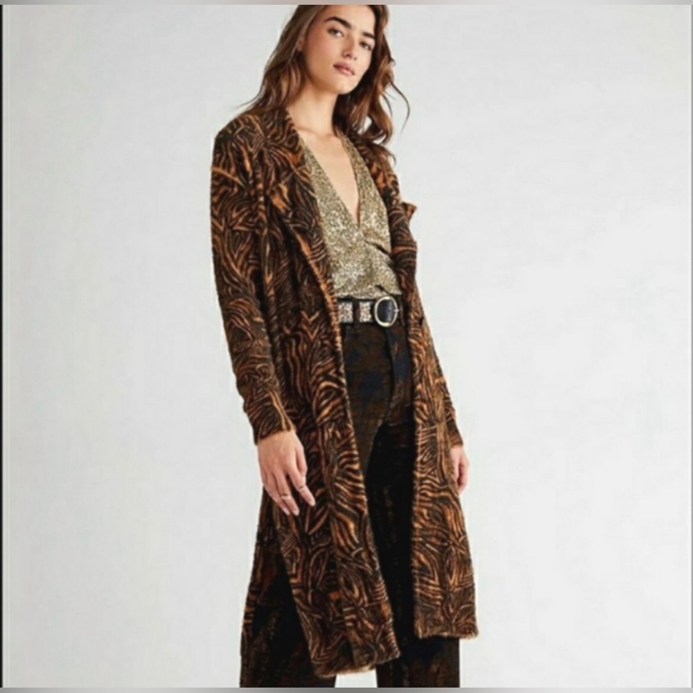 Free People Long Animal Cardi in Brown Motif